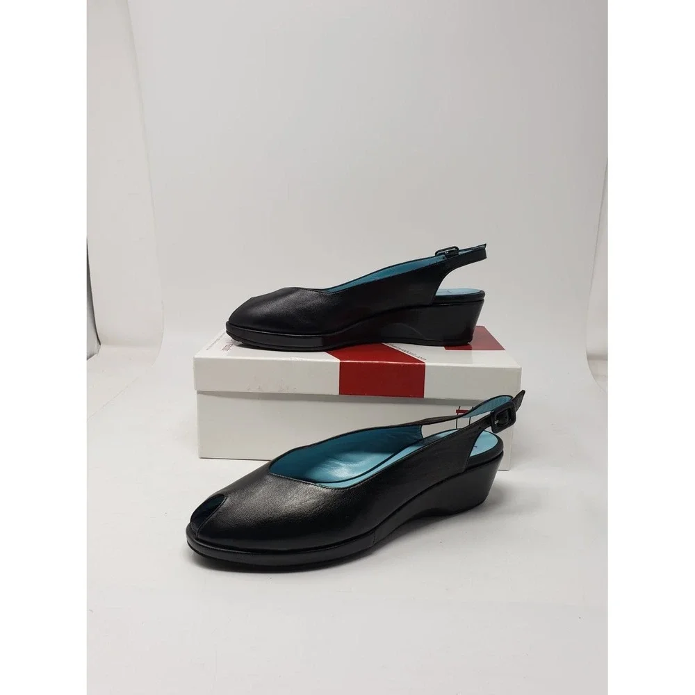 US 7.5 Thierry Rabotin Black Leather Peep Toe Wedge Slingback Sandals Womens EU